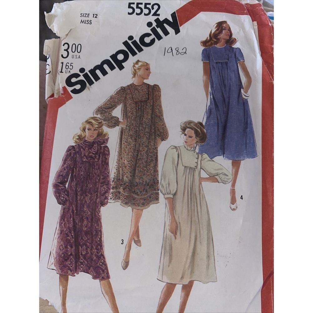Vintage 1982 Simplicity 5552 Loose Pullover Dress Sewing Pattern Size 12 Cut
